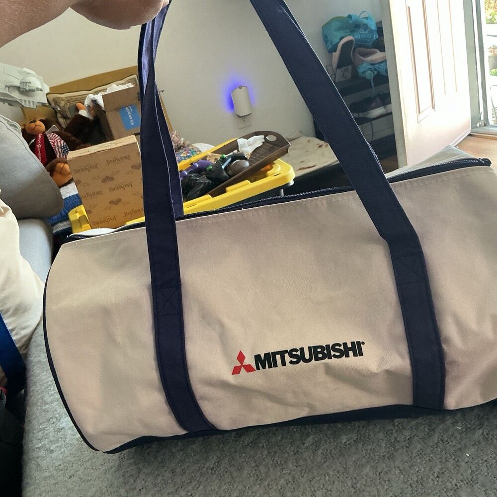 Rare Mitsubishi Logo Duffle Bag Vintage Promo Gym Travel Beige Navy HTF